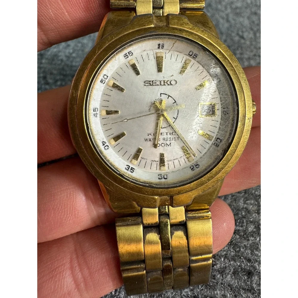 Seiko Kinetic Water Resist 100M Mens Gold Tone Watch 5M42-0L20 White Dial